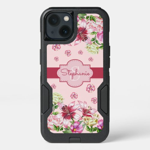 Lily Peony Floral Blush Pink Monogram iPhone 13 Case