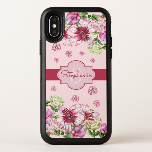 Lily Peony Floral Blush Pink Monogram OtterBox Symmetry iPhone X Case