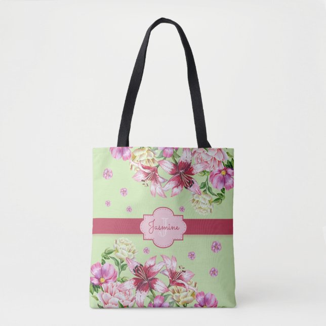 Lily & Peony Floral Mint Tote Bag (Front)
