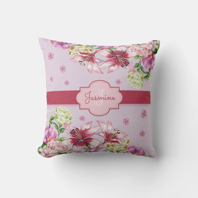 Lily & Peony Floral Purple Throw Pillow (Front)