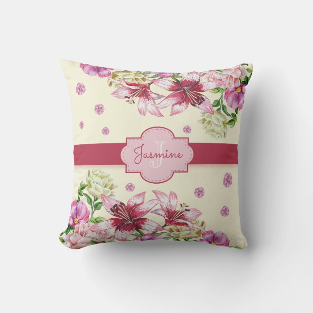 Lily & Peony Floral Yellow Throw Pillow (Front)