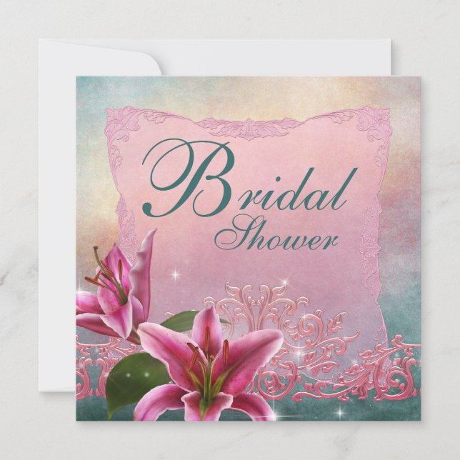 Lily Pink Teal Blue Lily Bridal Shower Invitations (Front)