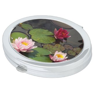 LILY POND WITH THREE LOTUS BLOSSOMS AND LILY PADS