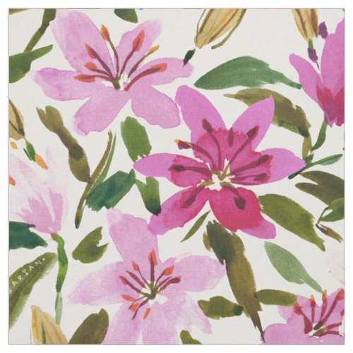 LILY PROLIFERATION Pink Floral Watercolor  Fabric