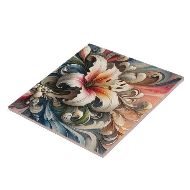 Lily Surrounded by Colorful Swirling Patterns Ceramic Tile (Side)