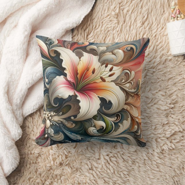 Lily Surrounded by Colorful Swirling Patterns Throw Pillow (Blanket)