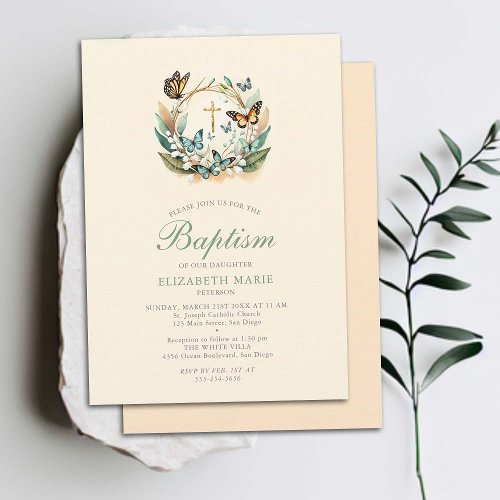 Lily Valley Butterflies Cross Wreath Girl Baptism Invitation