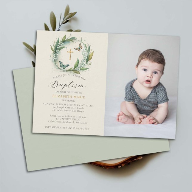 Lily Valley Butterflies Floral Child Photo Baptism Invitation (photo baptism invitation christening name ceremony christian lily valley wreath butterflies elegant)