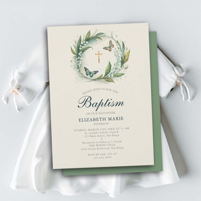 Lily Valley Butterflies Gold Cross Girl Baptism Invitation (lily valley baptism christening invitation girl elegant floral frame wreath butterflies sweet classy)