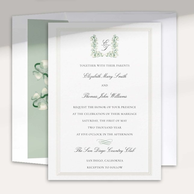 Lily Valley Crest Calligraphy Formal Wedding Invitation (lily valley formal classic wedding invitation card watercolor art crest monograms calligraphy)