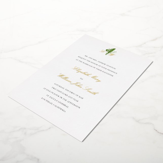 Lily Valley Crest Formal Traditional Wedding Gold Foil Invitation (Rotated)