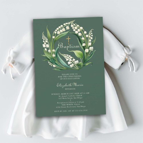Lily Valley Cross Wreath Sage Green Girl Baptism Invitation