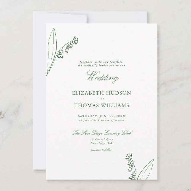 Lily Valley Floral Sketch Modern Classic Wedding Invitation (Front)