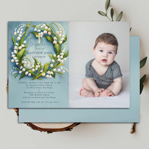 Lily Valley Gold Cross Formal Boy Photo Baptism Invitation