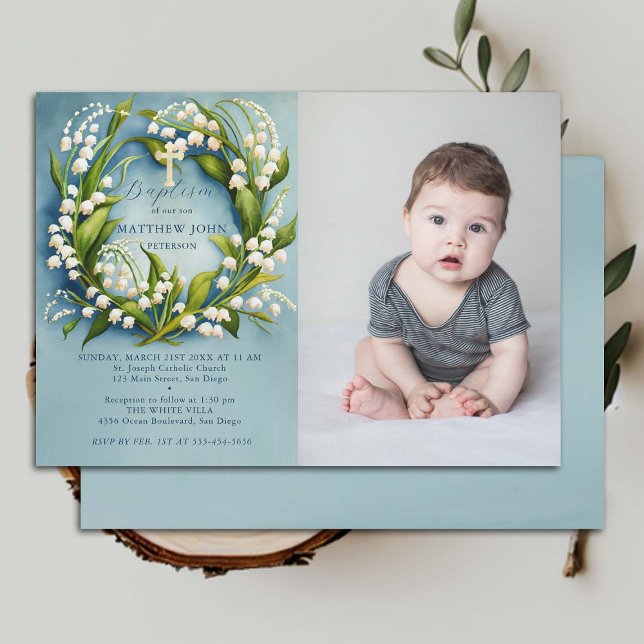 Lily Valley Gold Cross Formal Boy Photo Baptism Invitation (boy baptism invitation photo christian christening lily valley floral wreath watercolor)