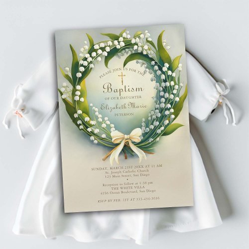 Lily Valley Gold Cross Wreath Bow Girl Baptism Invitation