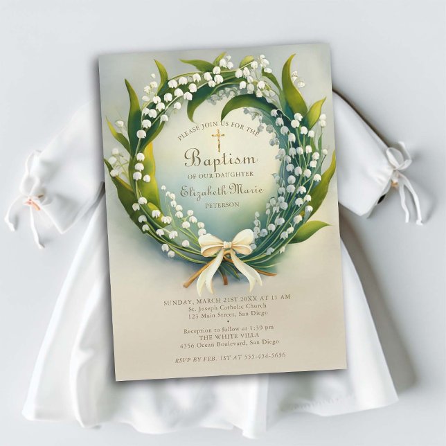 Lily Valley Gold Cross Wreath Bow Girl Baptism Invitation (girl baptism invitation christening lily of the valley wreath elegant formal classic sweet delicate )