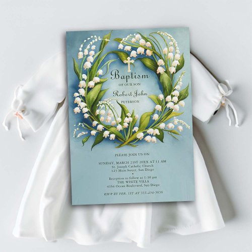 Lily Valley Gold Cross Wreath Formal Blue Baptism Invitation