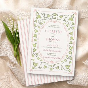 Lily Valley Vintage Nouveau Pink Green Wedding Invitation