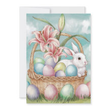 Lily Watercolor & Pastel Eggs with Bunny in Basket