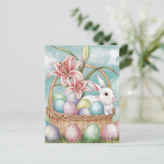 Lily Watercolor & Pastel Eggs with Bunny in Basket Postcard