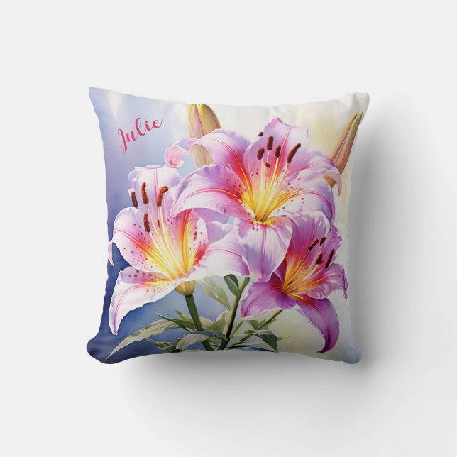 Lily Watercolor Personalized  Throw Pillow (Front)