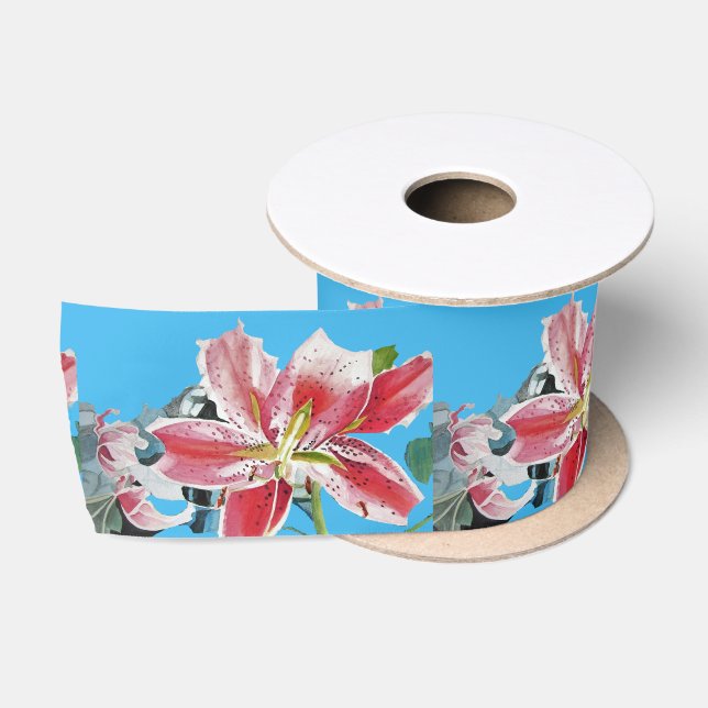 Lily Watercolor Red Oriental floral Satin Ribbon (Spool)