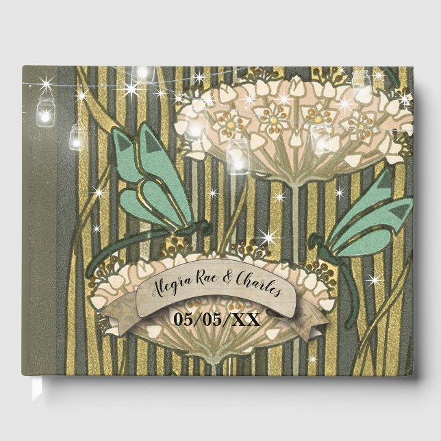 Lilypad Dragonfly Art Deco Wedding Guest Book (Front)