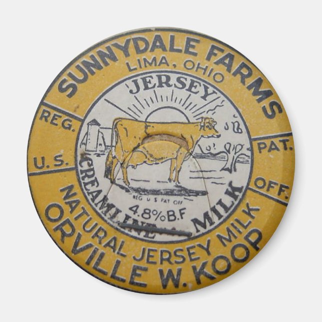 Lima Ohio Sunnydale Farms Milk Bottle Cap Cow Koop Magnet (Front)