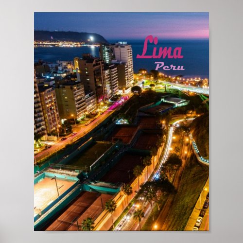 Lima Peru Capital Pacific Coast City Lights Night Poster