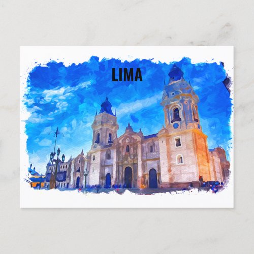 Lima Peru Watercolor Vintage Travel Postcard