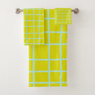 Lime and Aqua Abstract Grid Lines Pattern Bath Towel Set