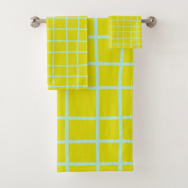 Lime and Aqua Abstract Grid Lines Pattern Bath Towel Set (Insitu)