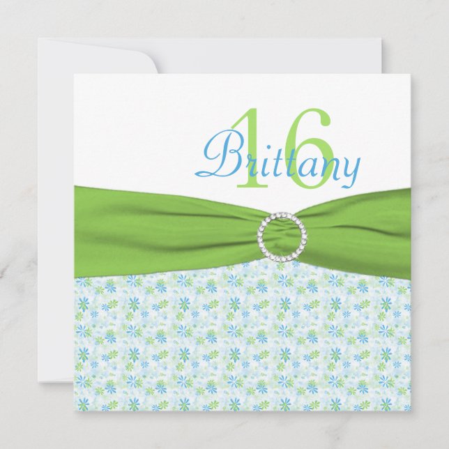 Lime and Aqua Floral Sweet Sixteen Birthday Invite (Front)