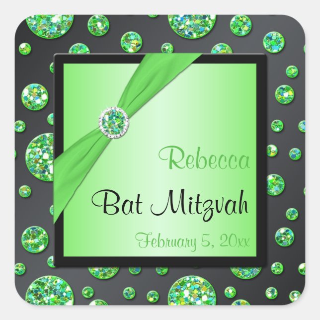 Lime and Black 1.5" Square Bat Mitzvah Sticker (Front)
