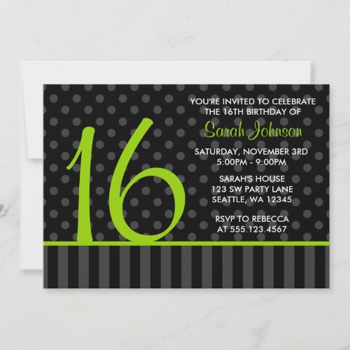 Lime and Black Polka Dot Stripes Sweet 16 Birthday Custom Announcement