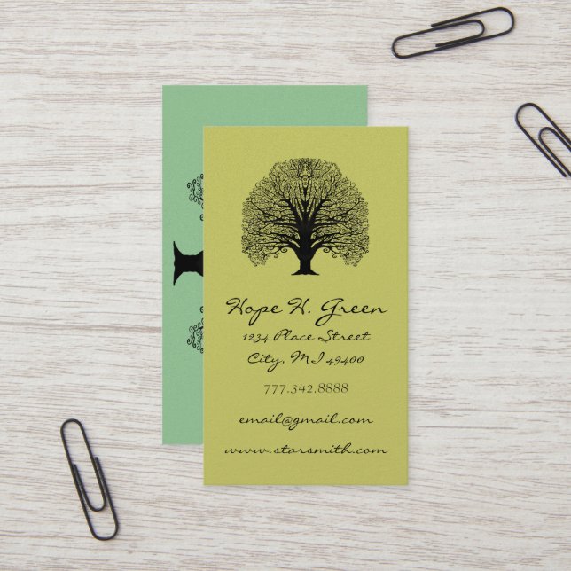 Lime and BLack Swirled Tree Business Card (Front/Back In Situ)