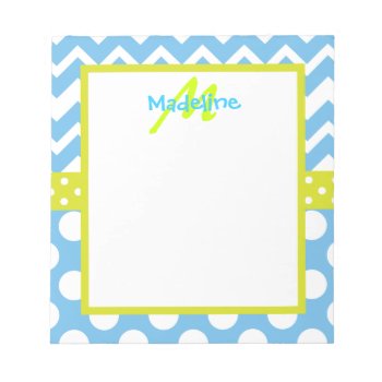 Lime And Blue Chevron Polka Dots Monogram Notepad by GemAnn at Zazzle