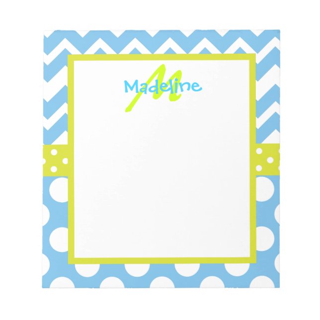 Lime and Blue Chevron Polka Dots Monogram Notepad (Front)