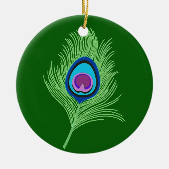 Lime and Blue Peacock Feather on Emerald Green Ceramic Ornament (Front)