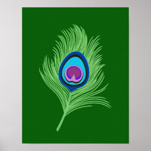 Lime and Blue Peacock Feather on Emerald Green Poster