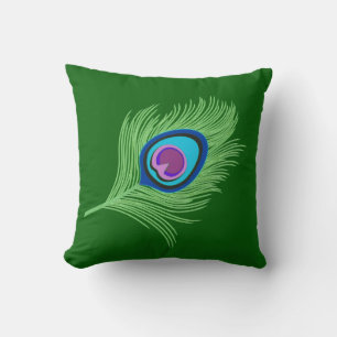Lime and Blue Peacock Feather on Emerald Green Throw Pillow