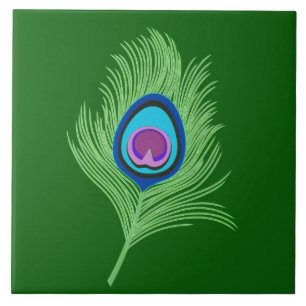 Lime and Blue Peacock Feather on Emerald Green Tile