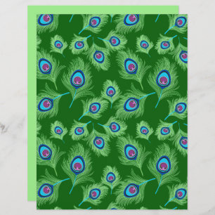 Lime and Blue Peacock Feathers on Emerald Green 