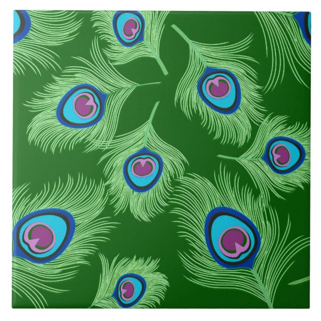 Lime and Blue Peacock Feathers on Emerald Green Ceramic Tile (Front)
