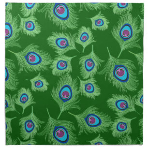 Lime and Blue Peacock Feathers on Emerald Green Cloth Napkin