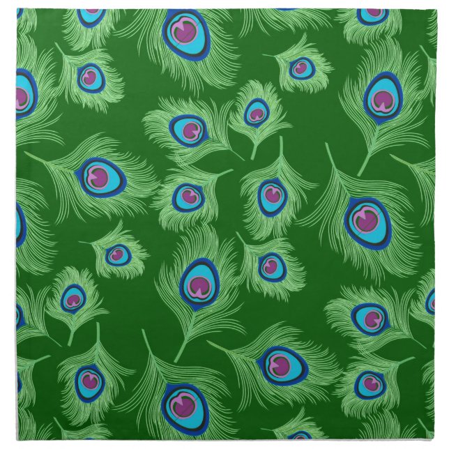 Lime and Blue Peacock Feathers on Emerald Green Cloth Napkin (Front)