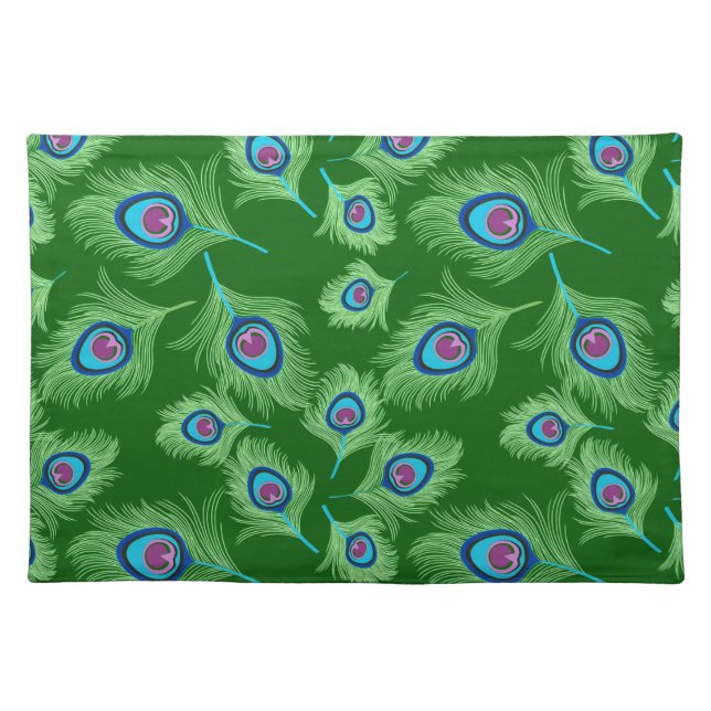 Lime and Blue Peacock Feathers on Emerald Green  Cloth Placemat (Front)