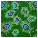 Lime and Blue Peacock Feathers on Emerald Green Fabric