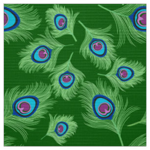 Lime and Blue Peacock Feathers on Emerald Green Fabric